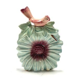 McCoy Vintage Pottery Wall Pocket Flower w Bird Aqua Blue Pink Center Chip